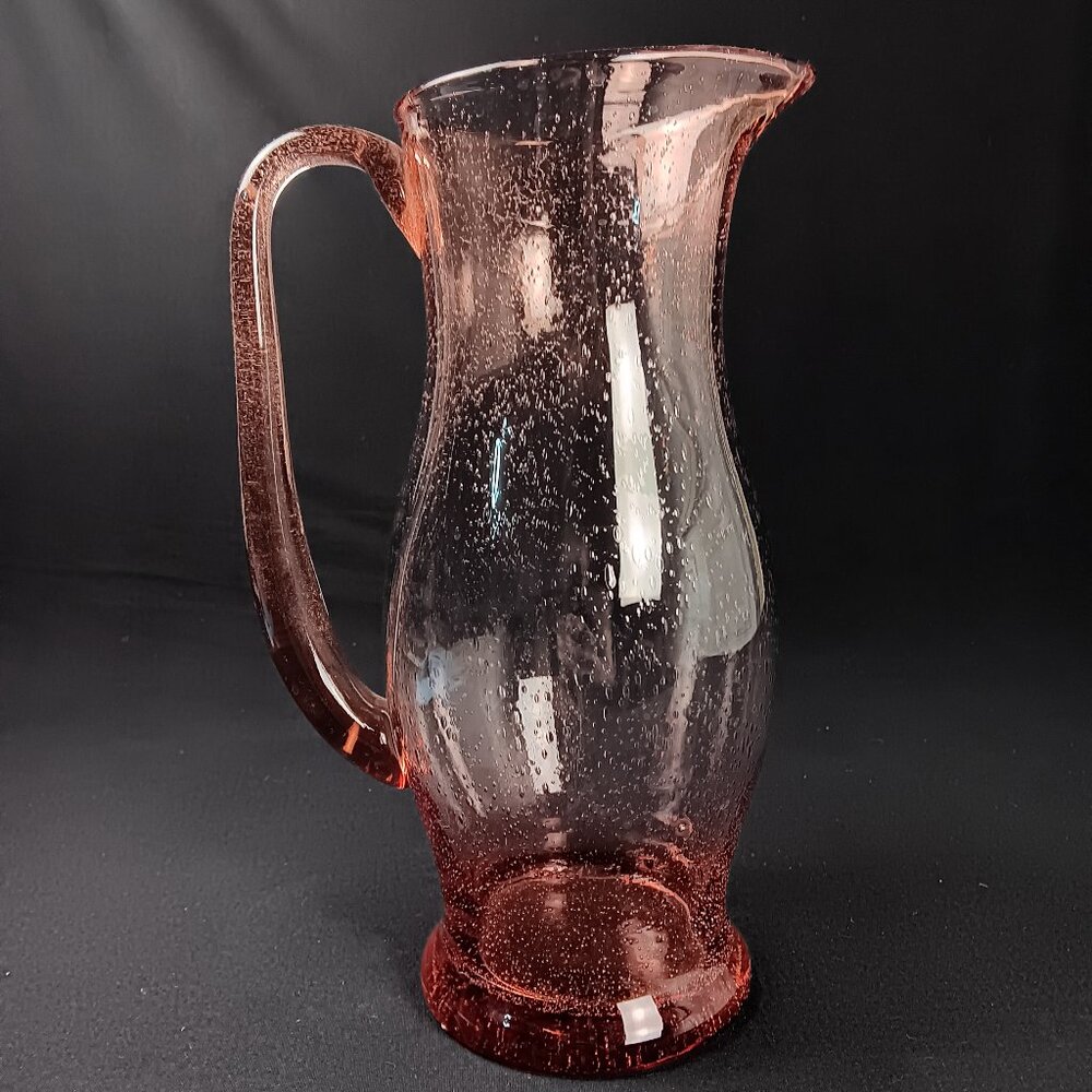 Pink Art Deco Glass Pitcher Air Bubble Applied Handle Heavy Bottom 62oz
